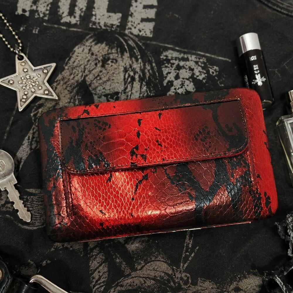Vintage Hananel Wallet Clutch Red Black Snakeskin Faux Python Y2K 90s Metallic